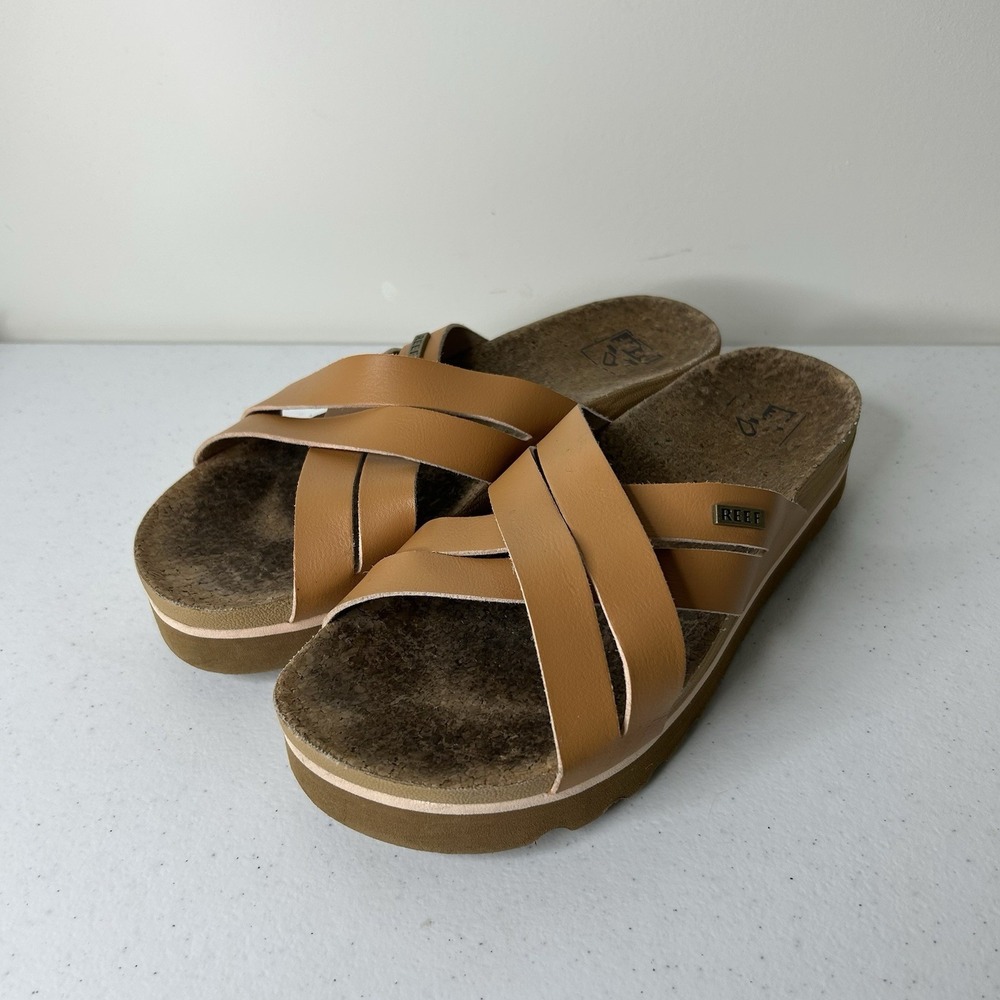 Reef Sandals Womens 8 Kaia Cross Cushion Hi Tan Vegan Leather Cork Platform